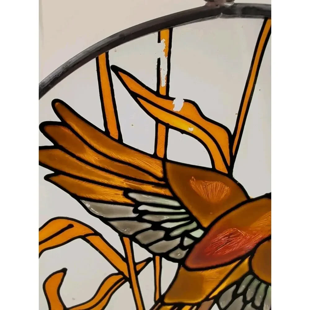 Vintage Round Stained Glass Suncatcher Pheasant Bird Window Hanging Art Leaded
